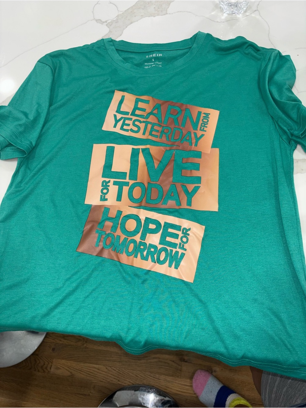 SHEIN Teal Green Tee with Metallic Rose Gold Graphic